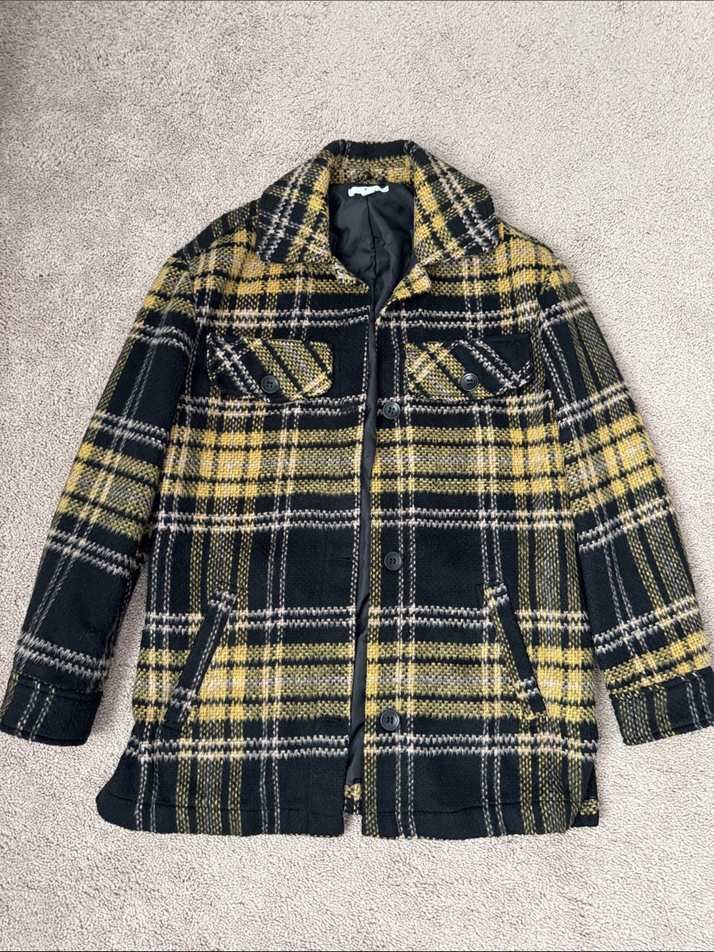Nordstrom BP Black And Yellow Plaid Wool-Blend Pea Coat Size XXS